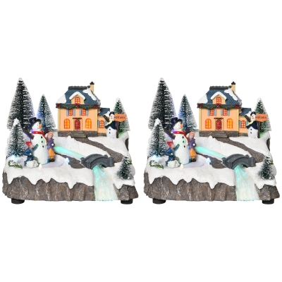 HOMCOM Set con 2 Villaggi di Natale con Luci LED, 8 Musiche e Pattinatori in Movimento, 18.5x16x15cm