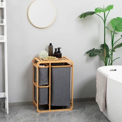 HOMCOM Cesto de Roupa de Bambu com 3 Bolsas de Tecido Amovíveis e Prateleira Aberta 50x32x69,7cm Cinza e Madeira