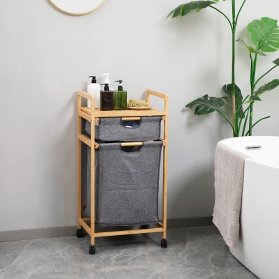 HOMCOM Cesto de Roupa de Bambu com 2 Bolsas de Tecido Amovíveis Prateleira Aberta 4 Rodas 42x35x84,5cm Cinza e Madeira
