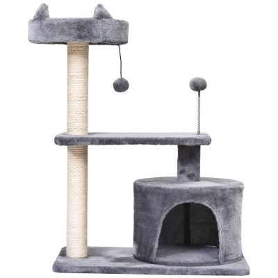 PawHut Katzenbaum mit Hängebett, 3-Stock Kratzbaum, Katzenhöhle, Katzenhaus mit Spielbällen, mit Sisalsäule und Kratzbrett, Plüsch Grau 60 x 40 x 81 cm
