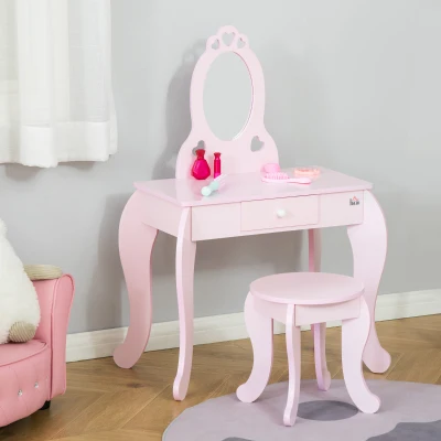 HOMCOM Toucador Infantil com Banco e Espelho Estilo Princesa Mesa de Maquilhagem Infantil com Gaveta 60x36x88cm Rosa