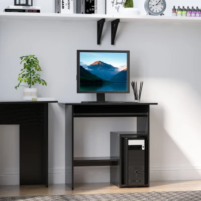 HOMCOM Compact Small Computer Table Wooden Desk Keyboard Tray Storage Shelf Modern Corner Table Home Office Black