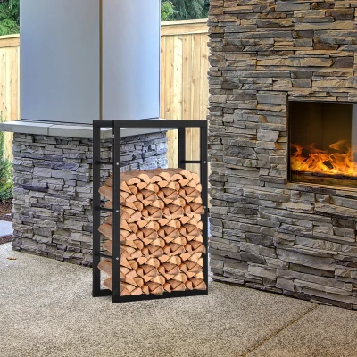 HOMCOM Metal Firewood Log Holder Tall Firewood Rack Indoor Outdoor Fireplace Wood Storage Shelf with Side Rails, Rust-Resistant, Black, 60W x 25D x 100H cm