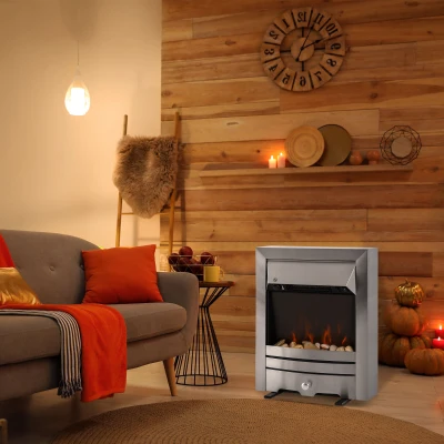 HOMCOM Installing Electric Fireplace, 2000W, Pebble Burning Effect Heater Fire Flame Indoor LED Lighting - Stainless Steel