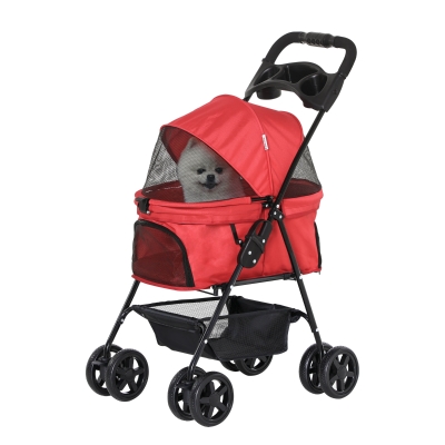 PawHut Hundewagen Hundebuggy mit Klappfunktion Pet Stroller für kleine Hunde und Katzen Haustierwagen Katzenbuggy Oxford Rot 67 x 45 x 96 cm
