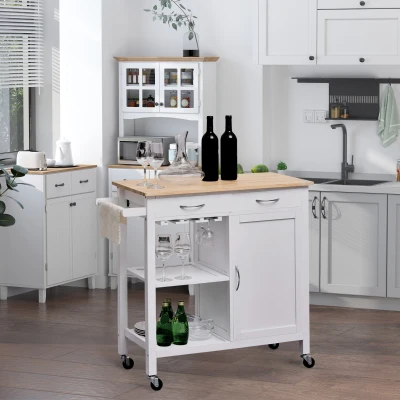 HOMCOM Kitchen Trolley on Wheels, Shelves Towel Rail 2 Drawers Wine Glass Rack
