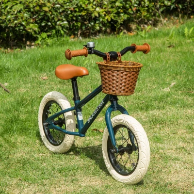 HOMCOM 12 Inch Kids Balance Bike Toddler No Pedal Training Bicycle with Rubber Tires Adjustable Handlebar Basket Bell for 3-6 Year Old Boys Girls, Brown