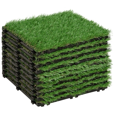 Outsunny Terrassenfliesen Set Kunstrasen Grasmatte Bodenfliese 10 Stücke, 25mm, 30x30cm, Grün