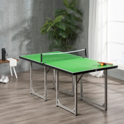 HOMCOM 6ft 182cm Folding Ping Pong Table with Net, Mini Table Tennis Table, Multifunctional Table for Indoor Outdoor Game, Green