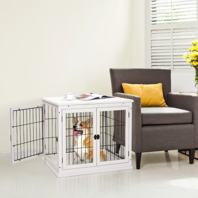 PawHut Dog Crate, Furniture Style Puppy Cage End Table, Pet Kennel House with 3 Doors for Small Dog, White 81 x 58.5 x 66 cm