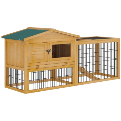 PawHut Kleintierstall Zwergkaninchenstall Meerschweinchenstall Freilaufgehege Winterfest mit Freigehege kleitierkäfig Outdoor Tierstall Tannenholz Natur 150 cm x 52,5 cm x 68 cm