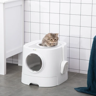 PawHut Cat Litter Tray Cat litter Box Portable Pet Toilet Fully Enclosed Kitten Pan w/ Scoop, White