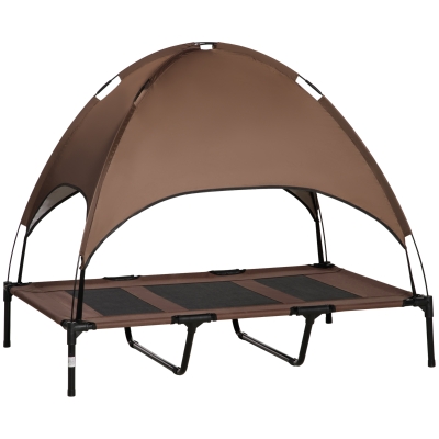 PawHut Haustierbett mit Baldachin, Erhöhtes Hundebett, Hundeliege outdoor mit Dach, Atmungsaktiv, Taftstoff Kaffee 122 x 92 x 108 cm