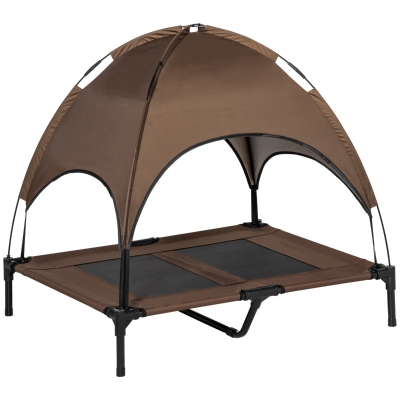 PawHut Haustierbett mit Baldachin, Erhöhtes Hundebett, Hundeliege outdoor mit Dach, Atmungsaktiv, Taftstoff Kaffee 92 x 76 x 90 cm