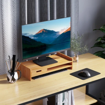 HOMCOM Wooden Monitor Stand, Bamboo Desktop Monitor Riser Laptop PC Plinth Stand Organiser Computer Screen W/ Drawer
