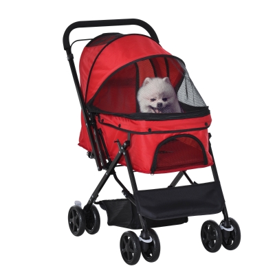 PawHut Hundebuggy Hundewagen Buggy für kleine Hunde und Katzen Haustierwagen Pet Stroller Katzenbuggy Oxford Rot 76,5 x 52 x 95 cm