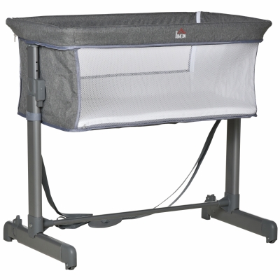 HOMCOM Babybett, Beistellbett, Reisebett, höhenverstellbar, mit Matratze, Stahl, grau, 86 x 50 x 83cm