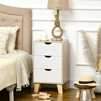 HOMCOM Mesa de Cabeceira com 3 Gavetas para Dormitório Sala de Estar Estilo Moderno Anti-Tombo 40x35x68,5cm Madeira e Branco