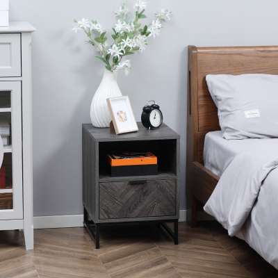 HOMCOM Mesa de Cabeceira com 1 Gaveta Prateleira Aberta e Pés de Aço para Dormitório Estilo Moderno 40x40x52cm Cinza Escuro