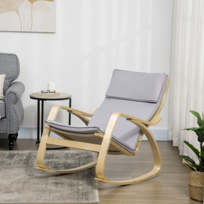 HOMCOM Poltrona Baloiço Poltrona Relax com Almofada Amovível Apoio para os Braços e Pés de Madeira de Bétula 67x97x84cm Cinza