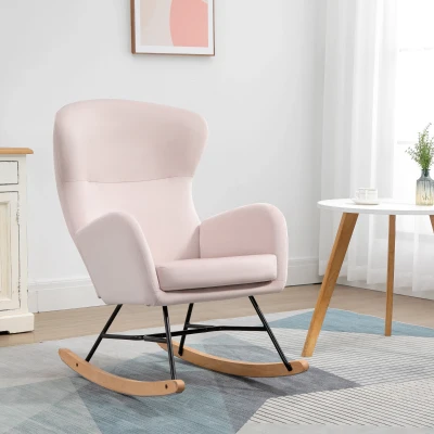 HOMCOM Poltrona Baloiço Estofada em Veludo com Assento Acolchoado Apoio para os Braços e Pés de Madeira de Faia 65x87x102cm Rosa