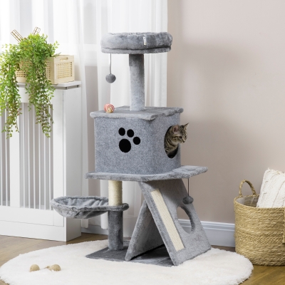 PawHut Árvore Arranhador para Gatos Altura com Cama Caverna Rede Bola Suspensa Postes e Rampa de Sisal 50x40x111cm Cinza