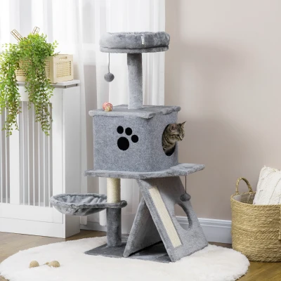 PawHut Árvore Arranhador para Gatos Altura com Cama Caverna Rede Bola Suspensa Postes e Rampa de Sisal 50x40x111cm Cinza
