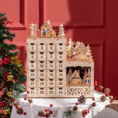 Calendar Advent de Craciun din lemn, cu lumini LED