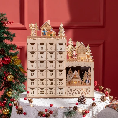 Calendar Advent de Craciun din lemn, cu lumini LED