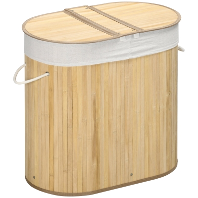 HOMCOM Cos de rufe din bambus cu capac, 100 litri cu 2 sectiuni, captuseala detasabila lavabila, 62,5 x 37 x 60,5 cm, natural