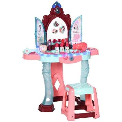 HOMCOM Set de oglinda si masa cu design printesa magica, jucarie muzicala, set de frumusete, pentru 3-6 ani, albastru roz