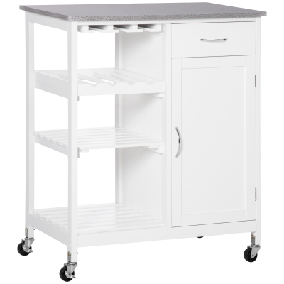 HOMCOM Carrinho de Cozinha com Rodas 1 Gaveta Prateleiras Suporte para 4 Garrafas e Armário Carga 40kg 76x48x88cm Branco e Cinza