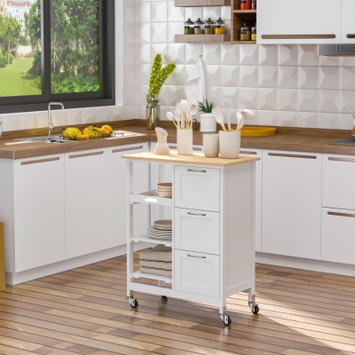 HOMCOM Carrinho de Cozinha com Rodas Carrinho de Serviço com 3 Gavetas 3 Prateleiras Abertas e Bandeja Removível para Sala de Jantar Carga Máxima 40kg 67x37x84cm Branco