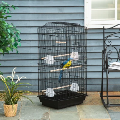 PawHut Gaiola para Passáros Gaiola de Metal com Portas 4 Comedouros 3 Poleiros Baloiço Bandeja Removível e Alça de Transporte para Papagaio Canário Periquito 46,5x35,5x92cm Preto