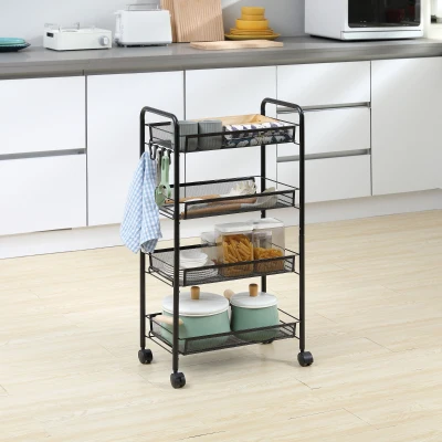 HOMCOM Carrello da Cucina a 4 Ripiani con 4 Ganci e 4 Ruote Nero