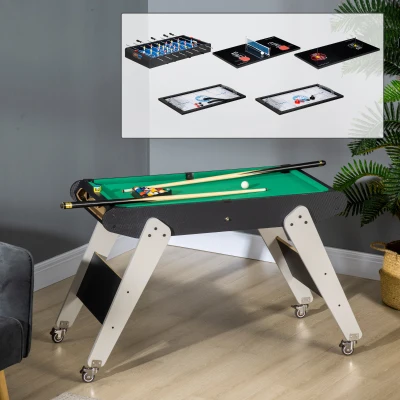 HOMCOM Mesa de Jogos 6 em 1 com Rodas Bilhar Matraquilho Ping Pong Lançamento de Anéis Hóquei no Gelo e Air Hóquei 120x88x79cm Multicor