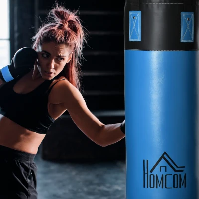 HOMCOM Saco de Boxe Profissional Puching Bag com Luvas de 8 oz Gancho e Bolsa de Armazenamento Saco de Areia de Treinamento para Adultos e Adolescentes Ø25x102 cm Azul