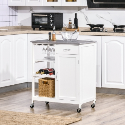 HOMCOM Carrinho de Cozinha com Rodas 1 Gaveta Prateleiras Suporte para 4 Garrafas e Armário Carga 40kg 76x48x88cm Branco e Cinza