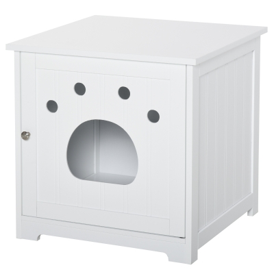 Maison de toilette pour chat design porte entrée patte chat 2 MDF blanc