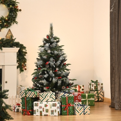 HOMCOM Árvore de Natal Artificial 120cm com 239 Ramas 27 Pinhas e 27 Frutinhas Folhas de PVC PE Base Dobrável e Suporte Metálico Decoração de Natal para Interiores Verde