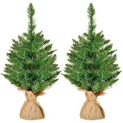 HOMCOM Albero di Natale Mini con 50 Rami e Aghi in PVC, Set 2 pezzi con Base in Cemento e Iuta, Ф35x55 cm