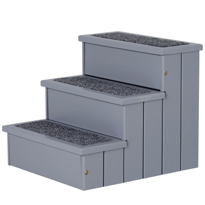 PawHut Escalier pour chien animaux rampe 3 marches revêtement tapis coffre interne rangement blanc gris