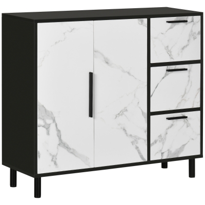 HOMCOM Aparador de Salón con 2 Puertas y Cajones Símil Mármol Mueble Auxiliar de Cocina Estilo Moderno 90x30x80 cm Blanco y Negro