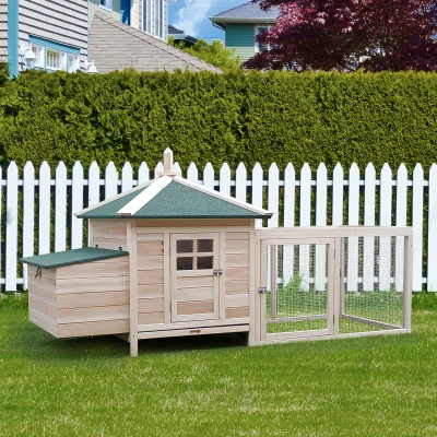 PawHut Galinheiro de Madeira de Abeto para Galinhas Exterior com Caixa Ninho Bandeja Removível e Espaço para Correr 196x76x97 cm Natural