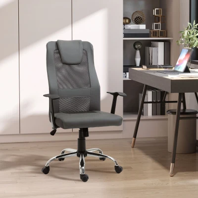 Vinsetto Office Chair, Computer Desk Chair, Mesh and PU Leather Swivel Chair with Adjustable Height and Rolling Wheels for Home Office Work Study, Grey