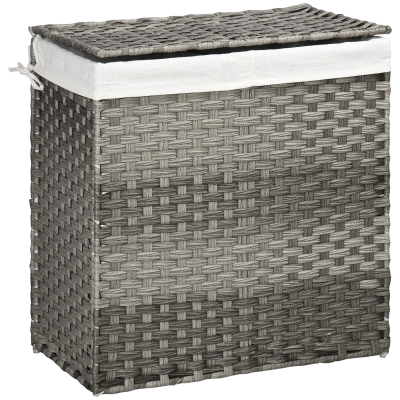HOMCOM Cos de rufe din ratan cu capac, cos de rufe 100 litri cu 2 sectiuni si geanta detasabila lavabila, cos de spalat, 56,5 x 33 x 61 cm, gri