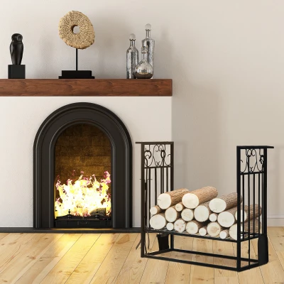 HOMCOM Steel Firewood Log Holder Indoor Outdoor Firewood Rack Fireplace Wood Storage Shelf with 4 Tools, Hooks, Scrolls, Rust-Resistant, Black, 75L x 30W x 60H cm