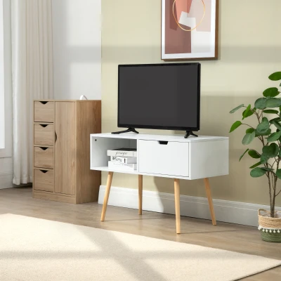 HOMCOM TV Cabinet, TV Unit for TVs up to 47", TV Table with Shelf and Drawer, Entertainment Centre with Cable Hole for Living Room, White