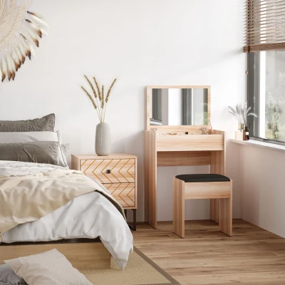 HOMCOM Dressing Table with Mirror and Stool, Vanity Makeup Table with Flip Up Mirror, Vanity Desk with Storage Unit and Padded Seat, Wood