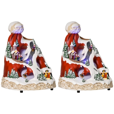 HOMCOM Villaggio Natalizio Luminoso con 4 Sciatori e 8 Musiche, Set 2 Decorazioni di Natale con Luci LED Colorate, 19x18.5x24 cm